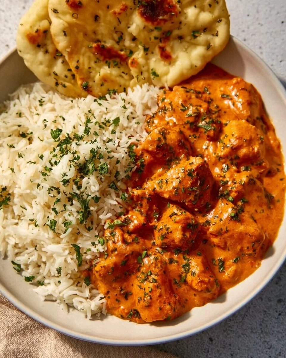 Delicious homemade butter chicken served with rice and naan bread.