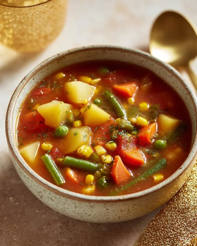 Bowl of quick and easy vegetable soup filled with colorful vegetables