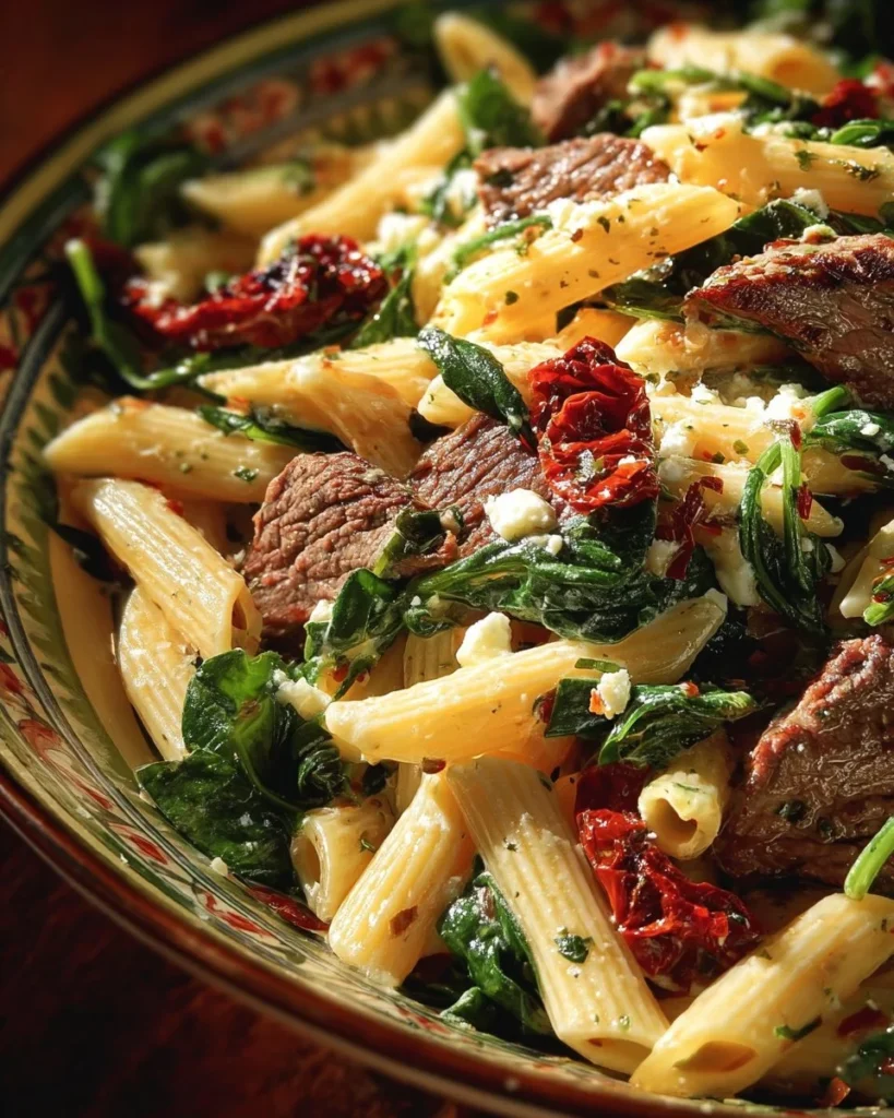 Quick Greek Steak Pasta Salad with fresh vegetables and grilled steak