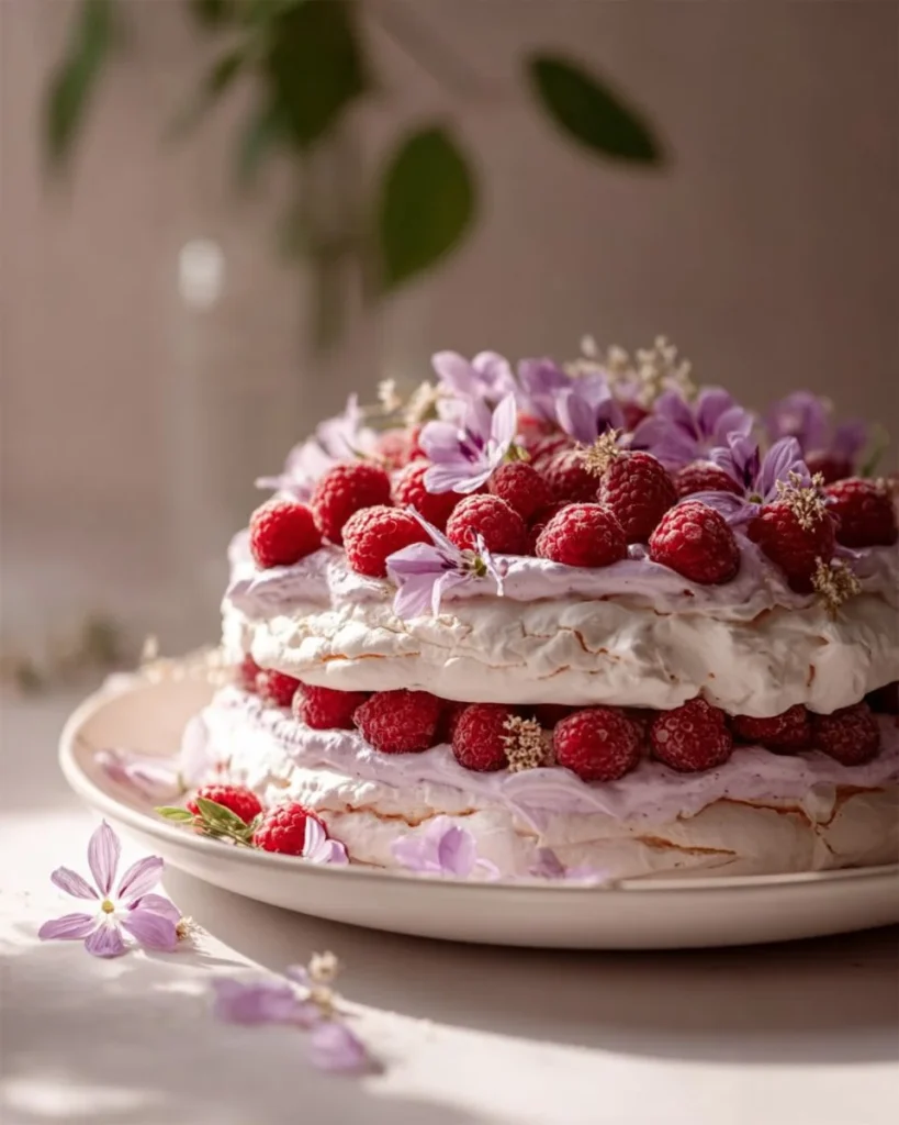Raspberry Lavender Cloud Dacquoise dessert showcasing delicate meringue layers.