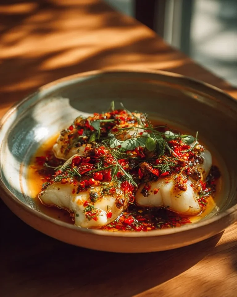 Plate of Red Snapper served with Creamy Creole Sauce garnished with herbs