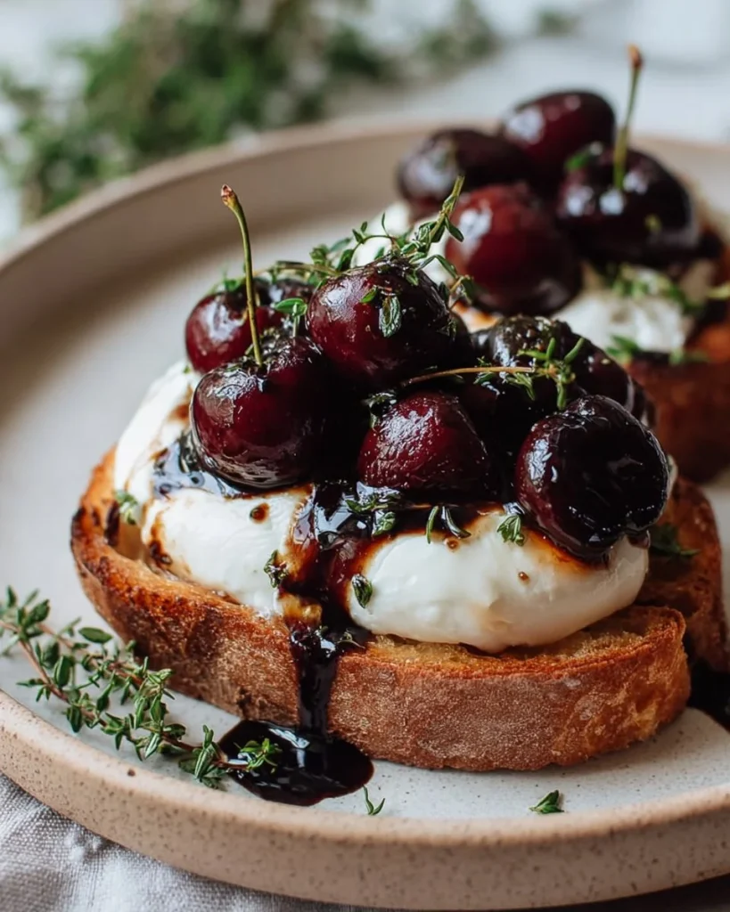 A delicious plate of Roasted Cherry Burrata Toast garnished with fresh herbs