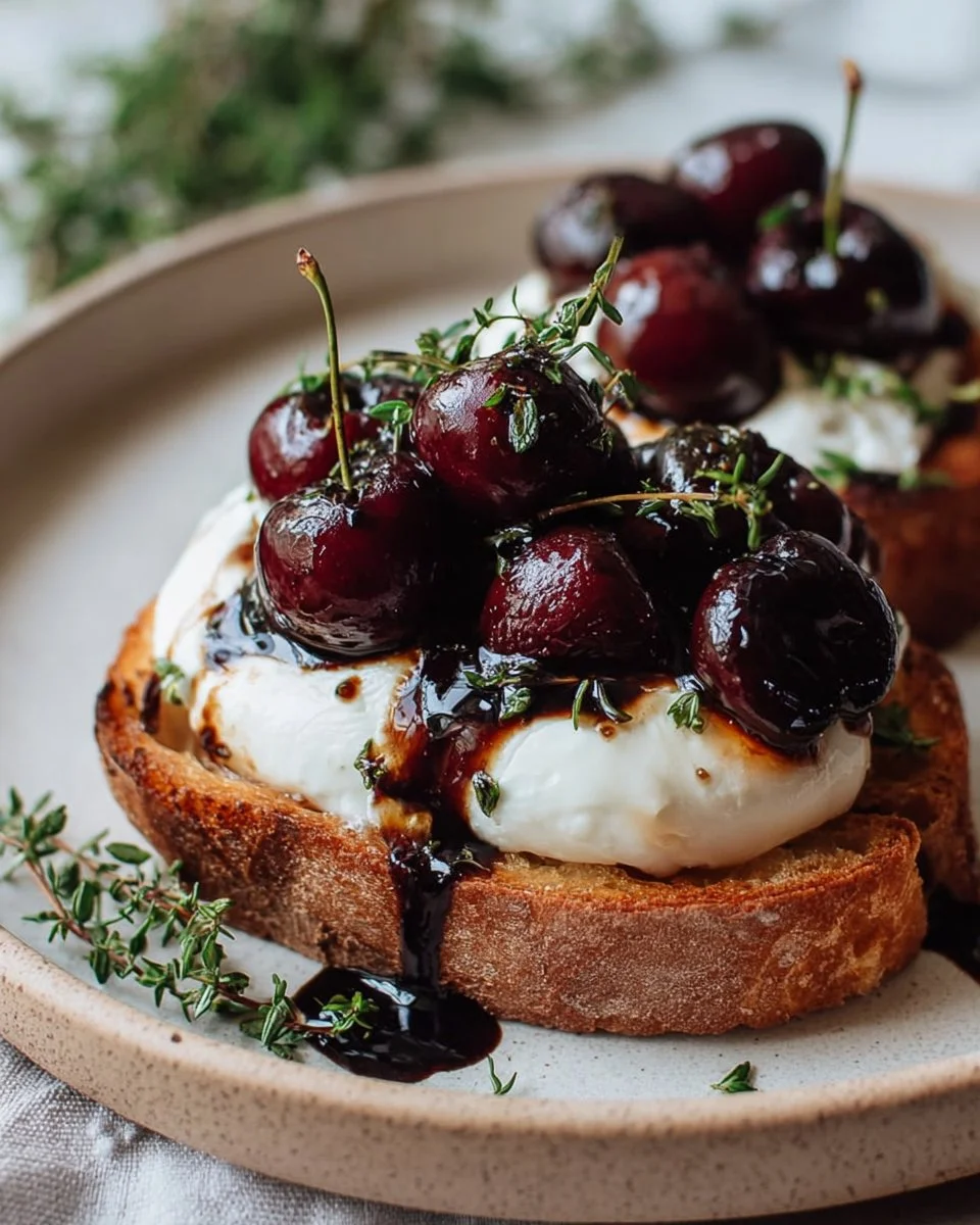 Delicious Roasted Cherry Burrata Toast topped with fresh ingredients