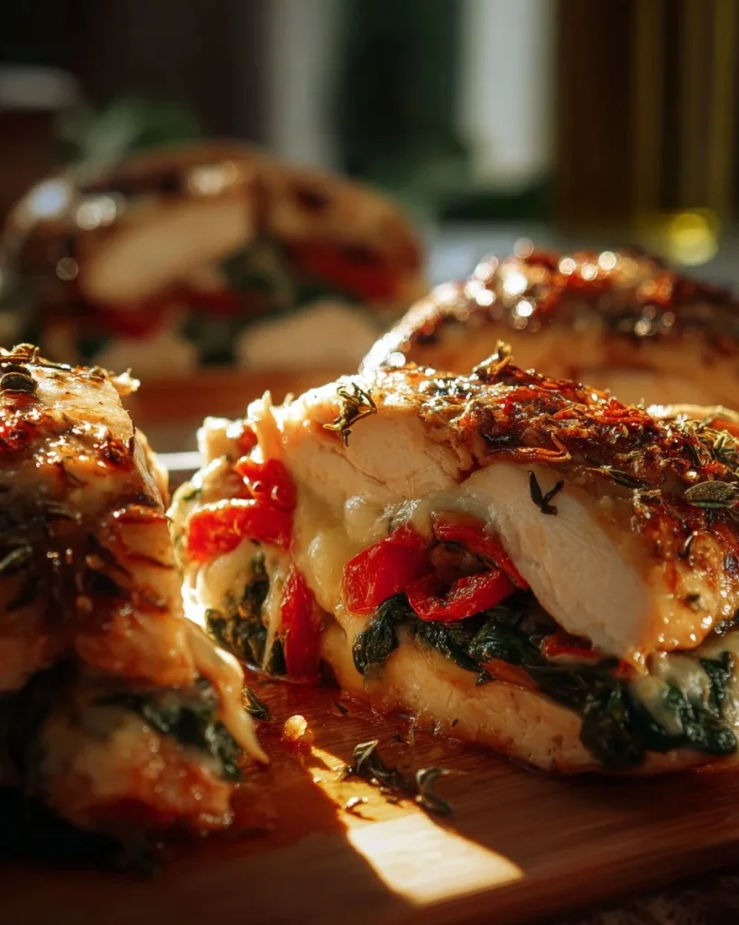Delicious Roasted Red Pepper Spinach Mozzarella Chicken served on a plate