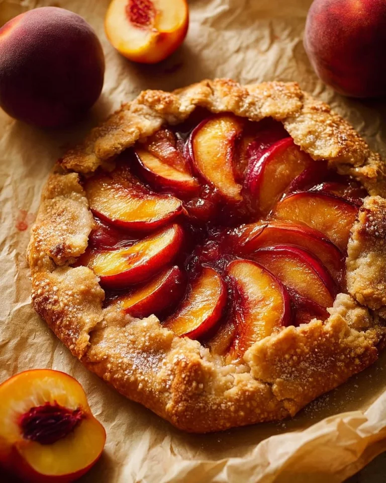 Rustic peach galette with fresh slices and flaky crust on a wooden surface.