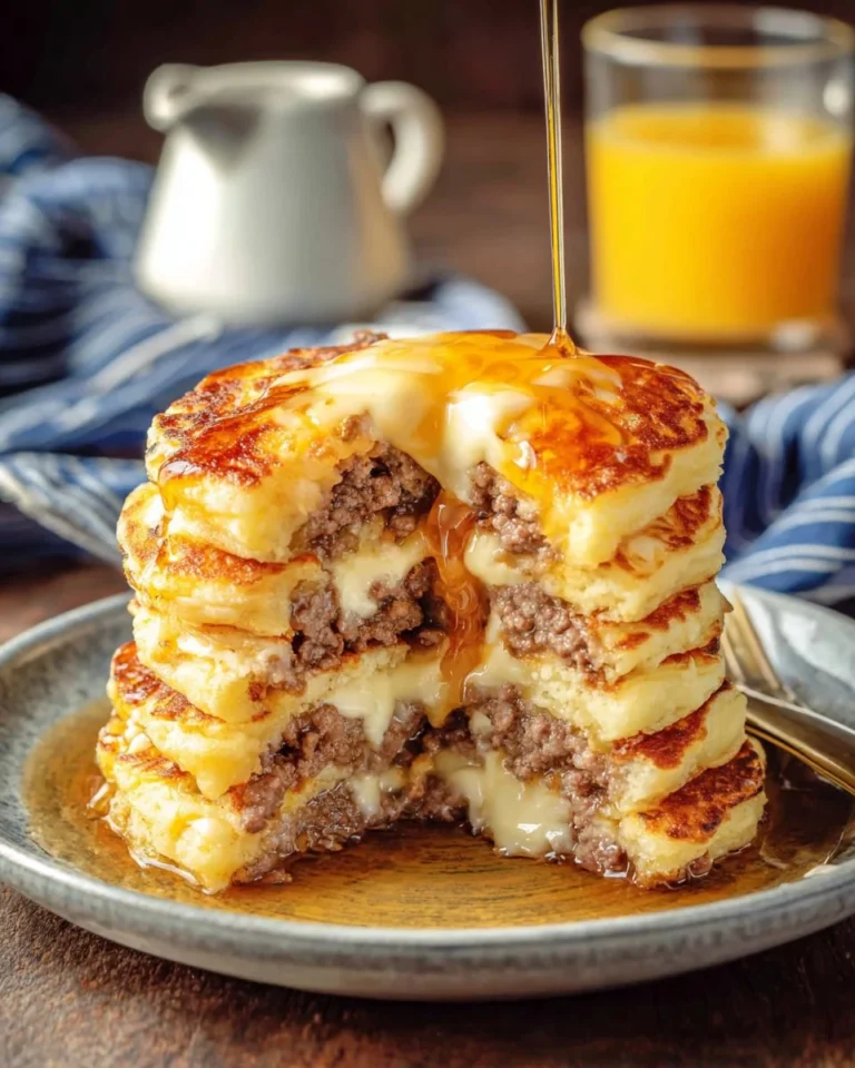 Sausage Dipped Pancakes served on a plate with syrup.