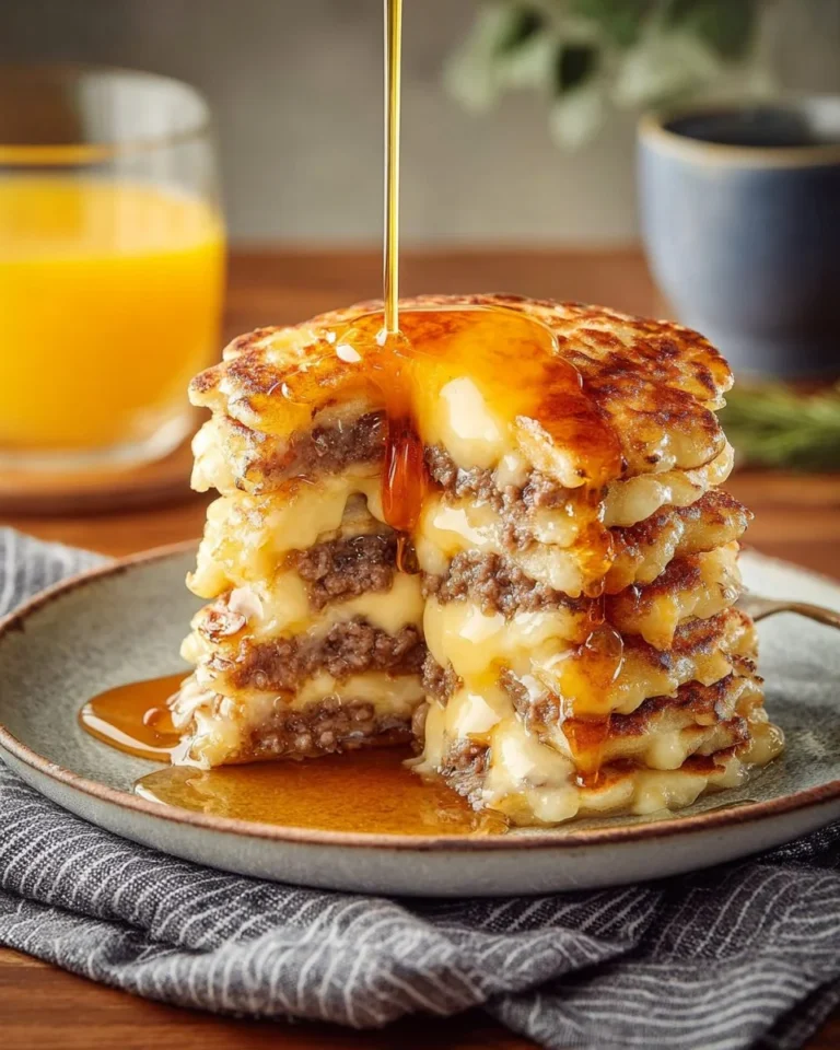 Sausage dipped pancakes served with syrup on a plate