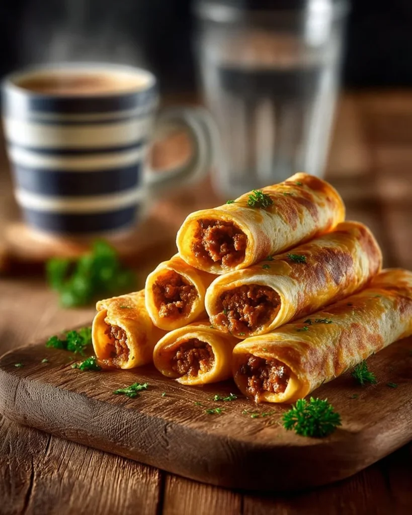 Sausage, egg, and cheese breakfast roll-ups on a plate