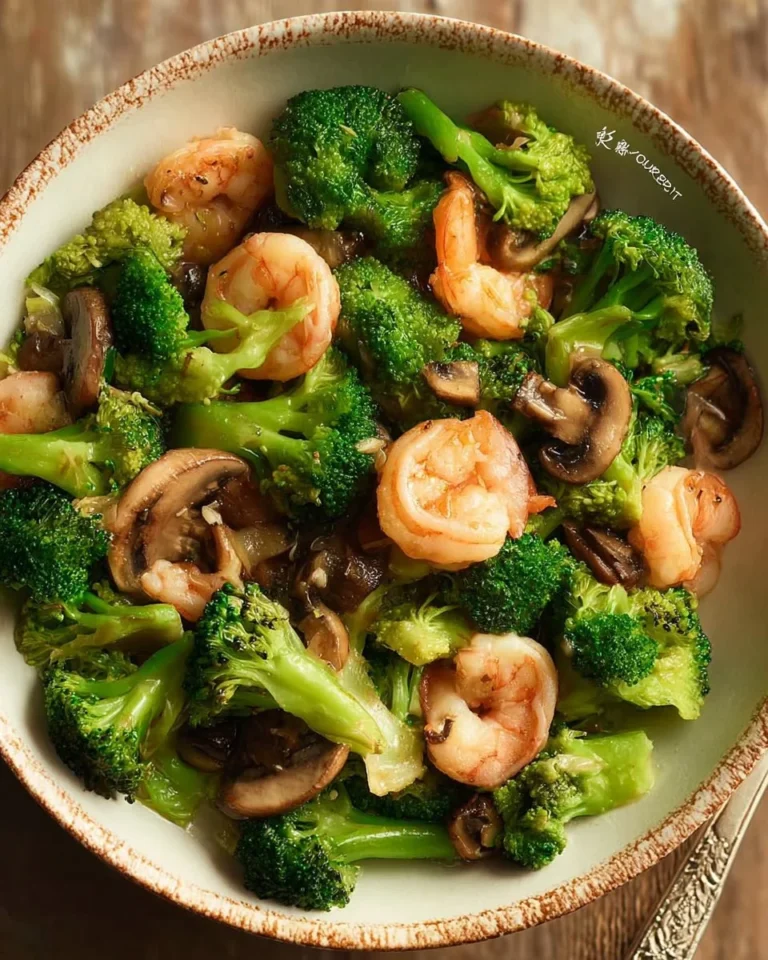 Plate of sautéed shrimp with broccoli and mushrooms in a light sauce