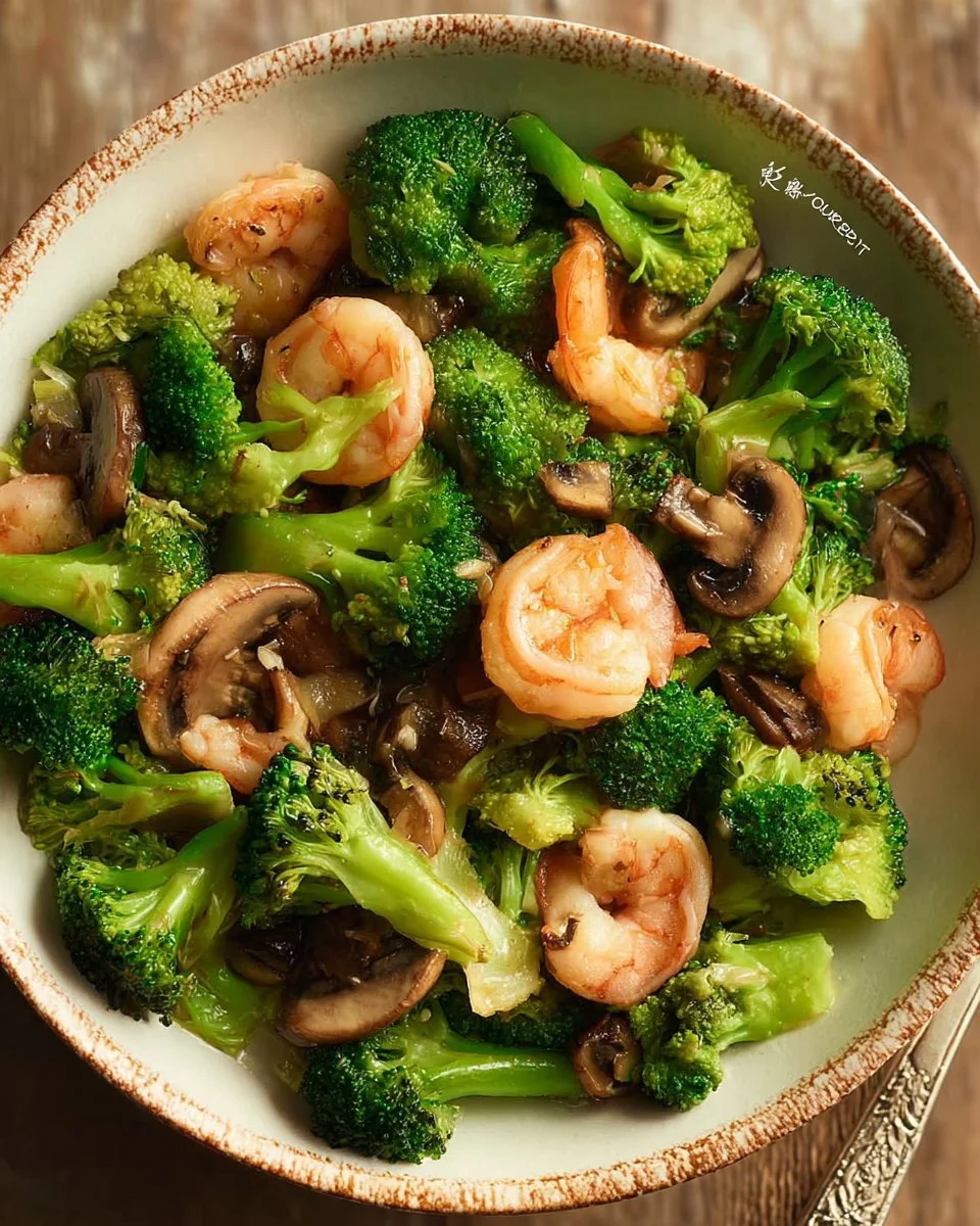 Plate of sautéed shrimp with broccoli and mushrooms in a light sauce