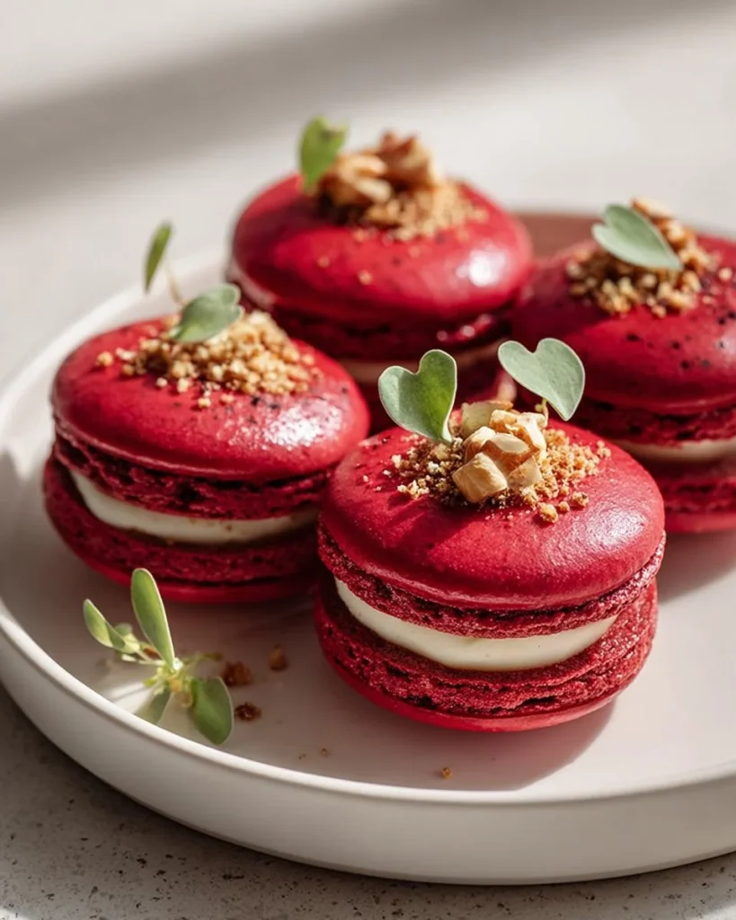 Savory beet macarons filled with goat cheese and topped with walnut crunch