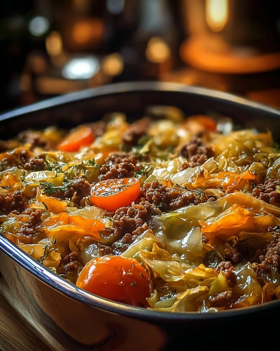 Delicious savory cabbage beef bake served in a baking dish.