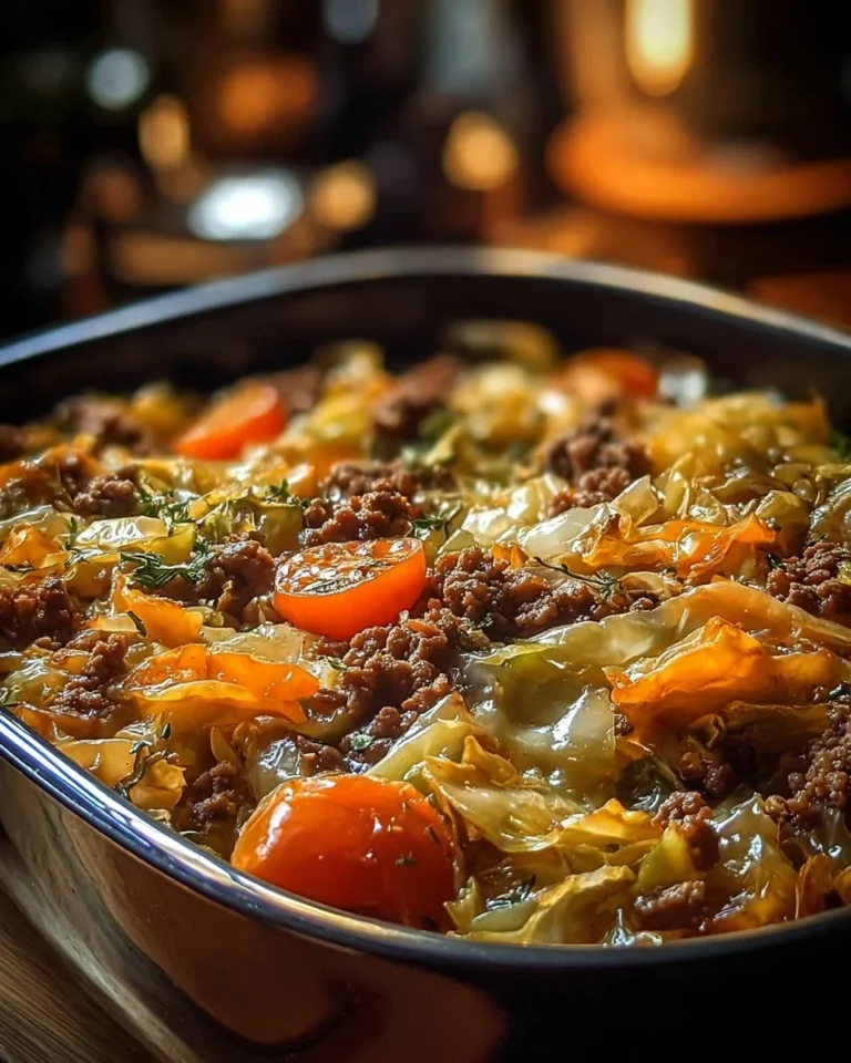 Savory cabbage beef bake dish served in a casserole dish