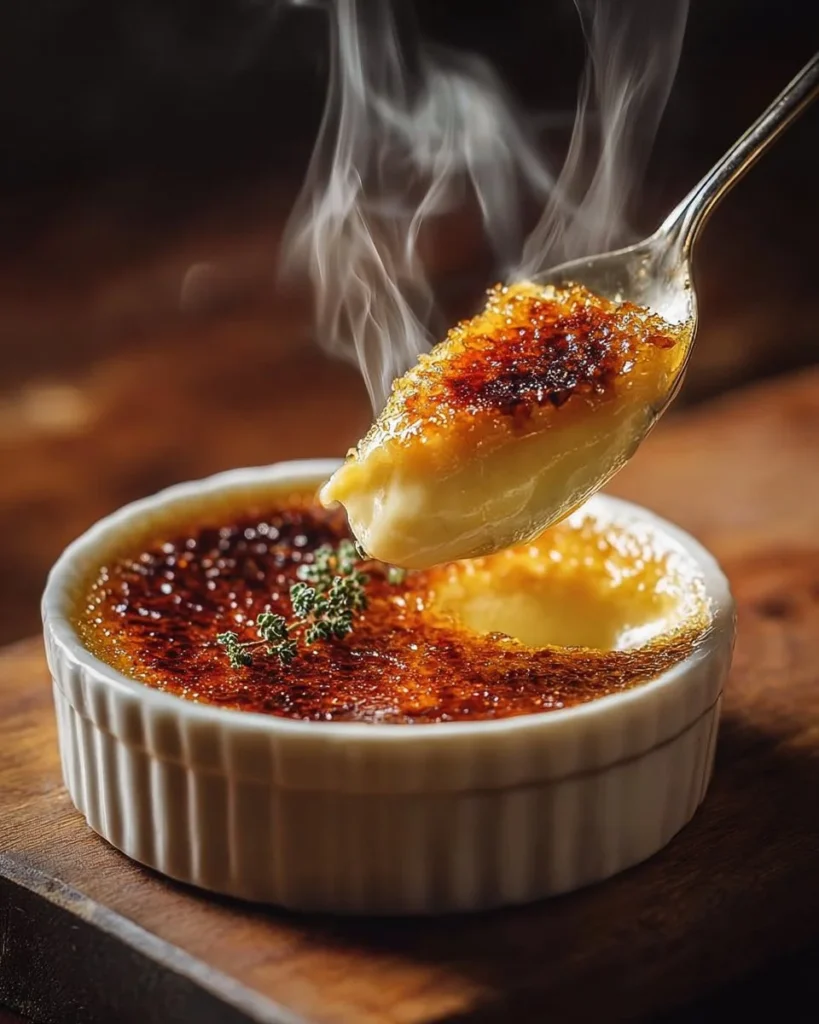 Savory Crème Brûlée with goat cheese and fig chili jam on a dessert plate
