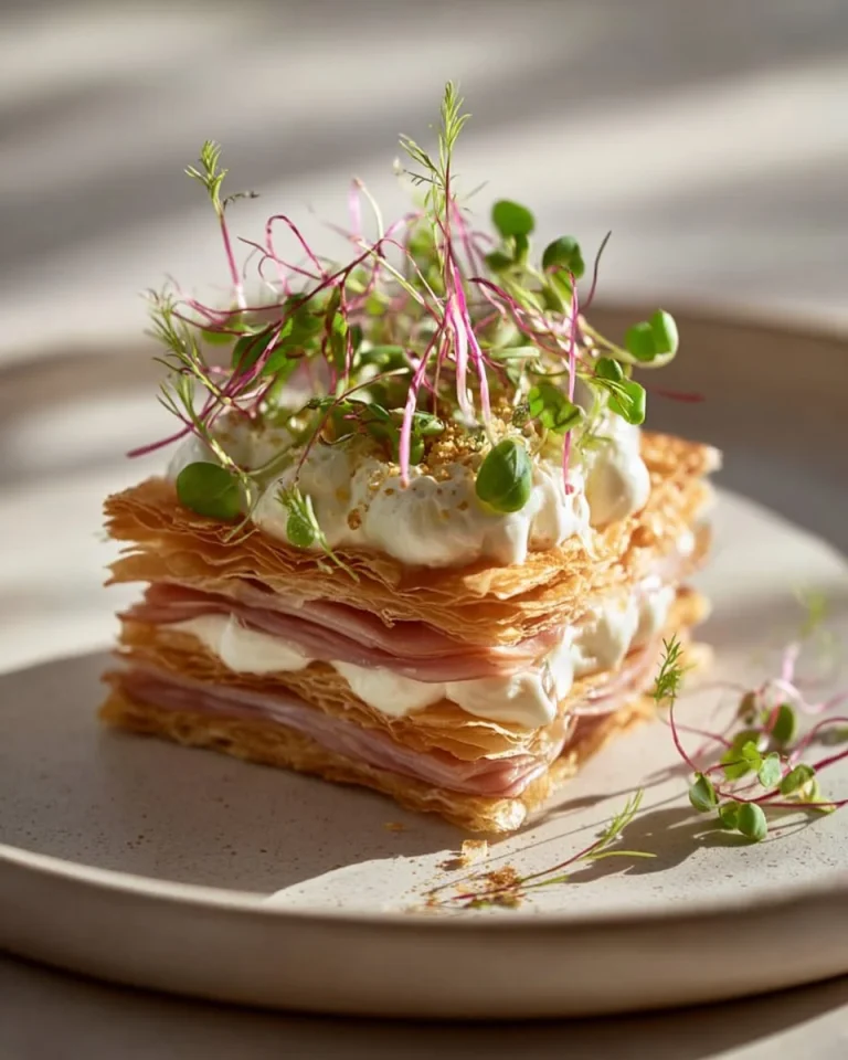 Savory Mille-Feuille with whipped lemon-ricotta and prosciutto on a plate
