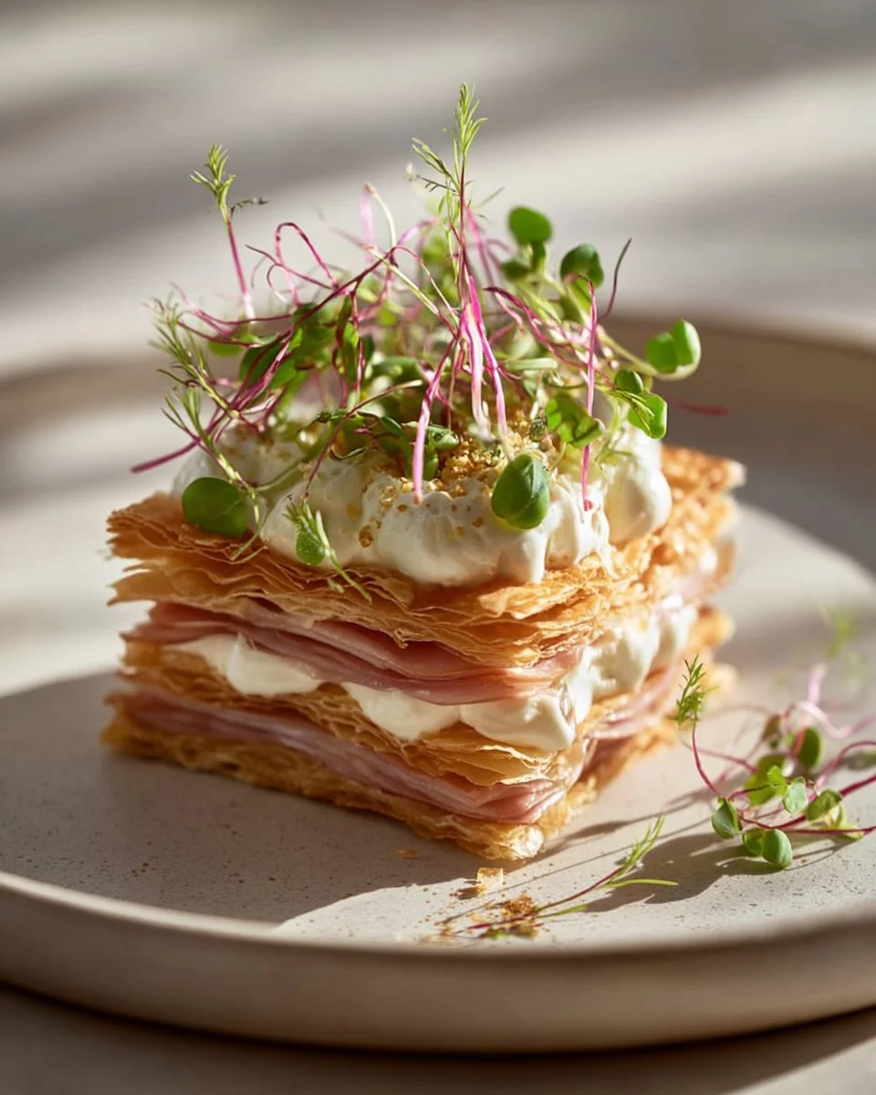 Savory Mille-Feuille with whipped lemon-ricotta and prosciutto plated elegantly.