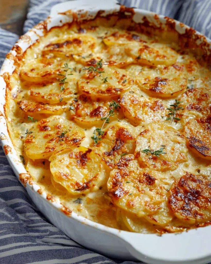 Creamy scalloped potatoes baked with cheese and layered for a delicious side dish.