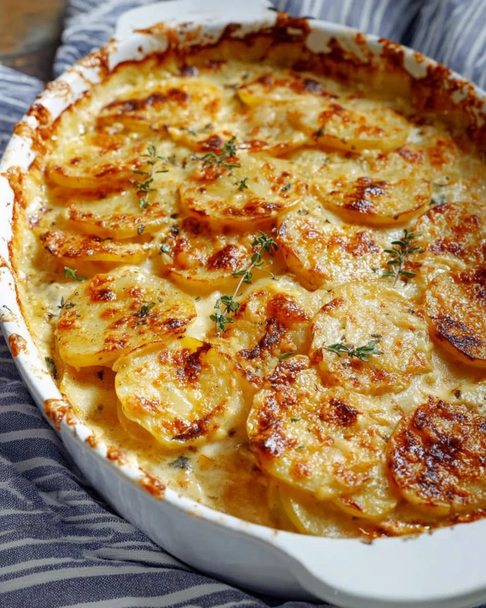 Creamy scalloped potatoes baked with cheese and layered for a delicious side dish.