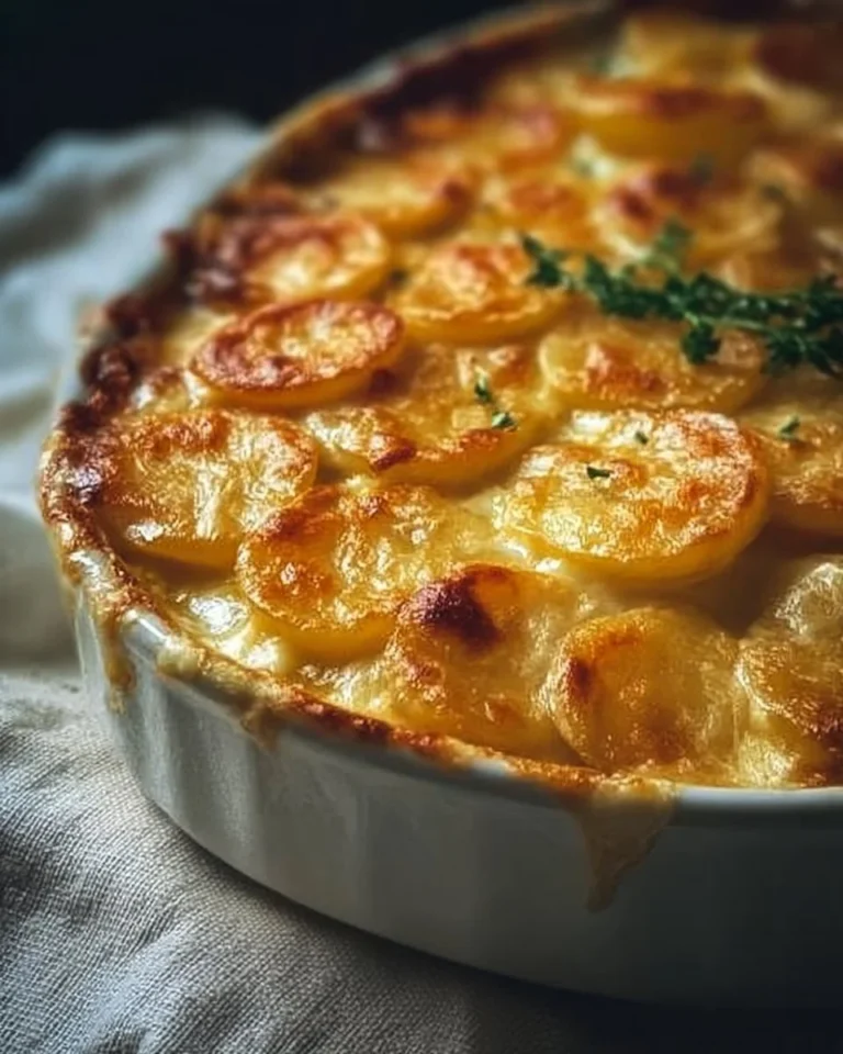 Cheesy scalloped potatoes baked to perfection, served as a delightful side dish.