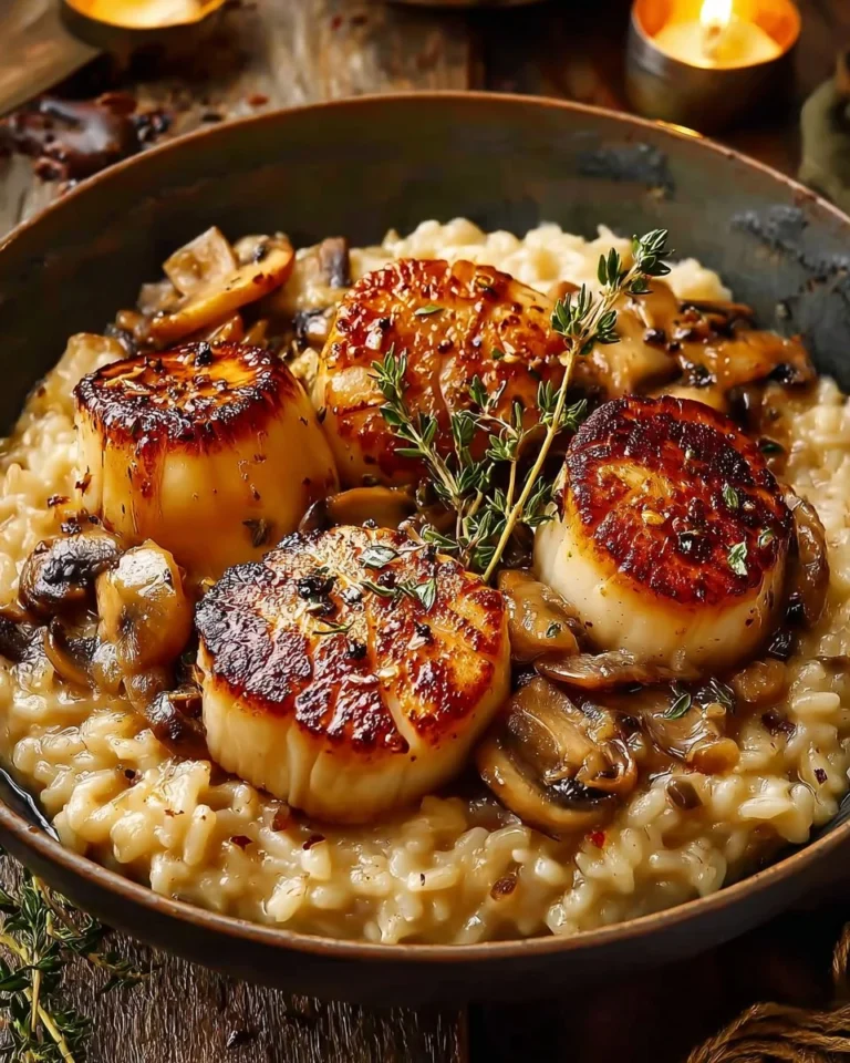 Delicious scallops paired with creamy mushroom risotto on a white plate