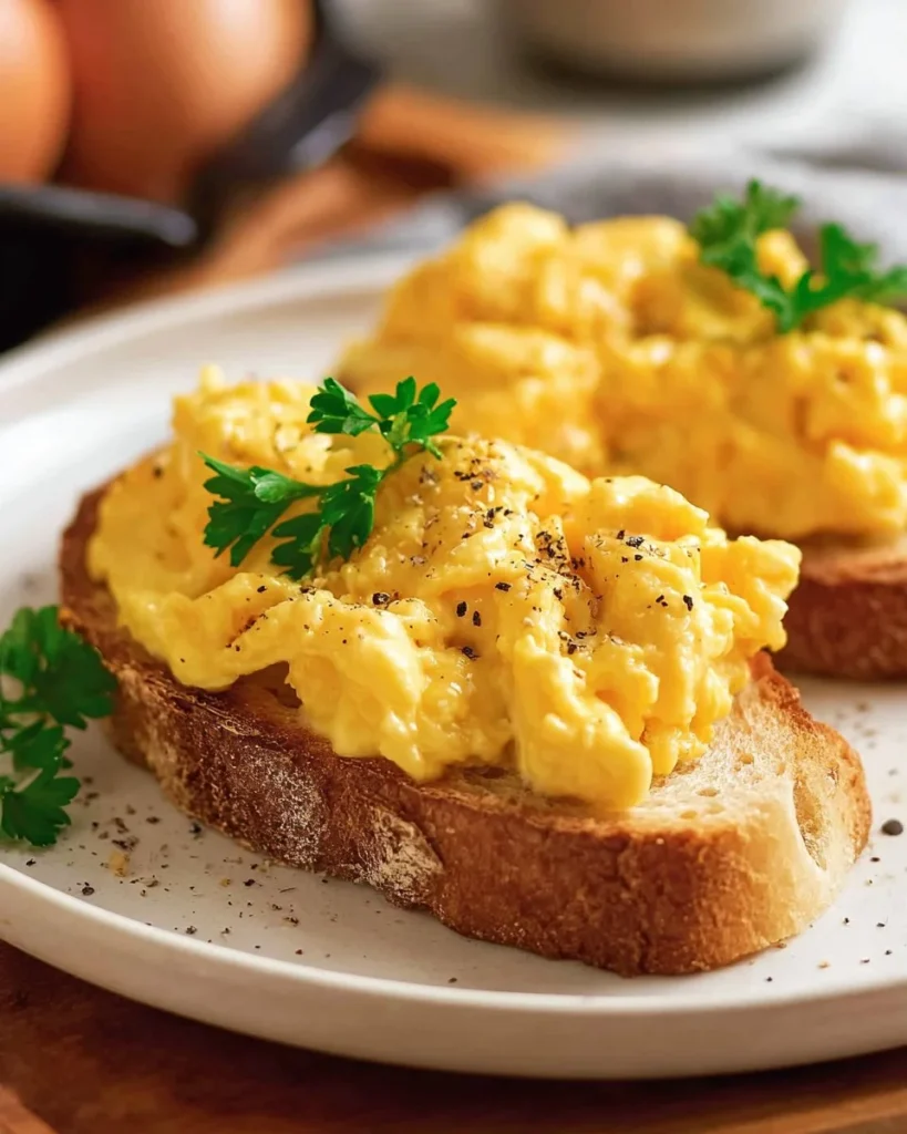 Delicious fluffy scrambled eggs served on a plate with herbs and toast