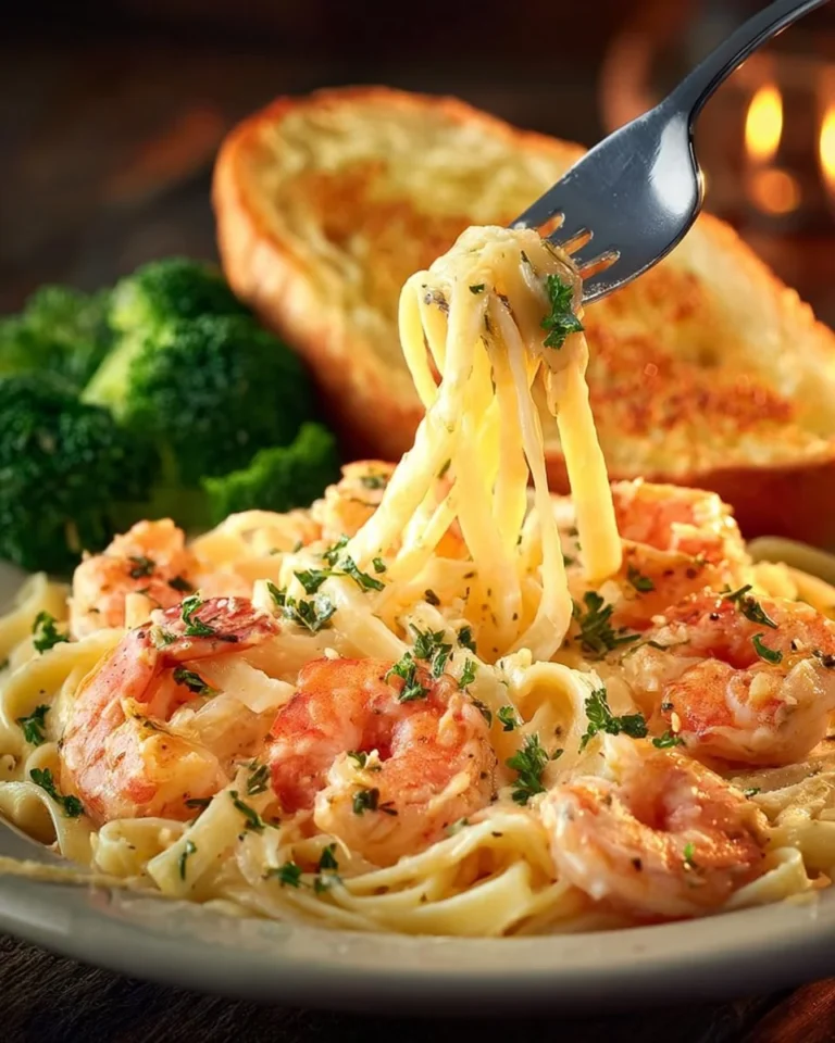 A bowl of Shrimp Alfredo Pasta with shrimp, creamy sauce, and parsley garnish.
