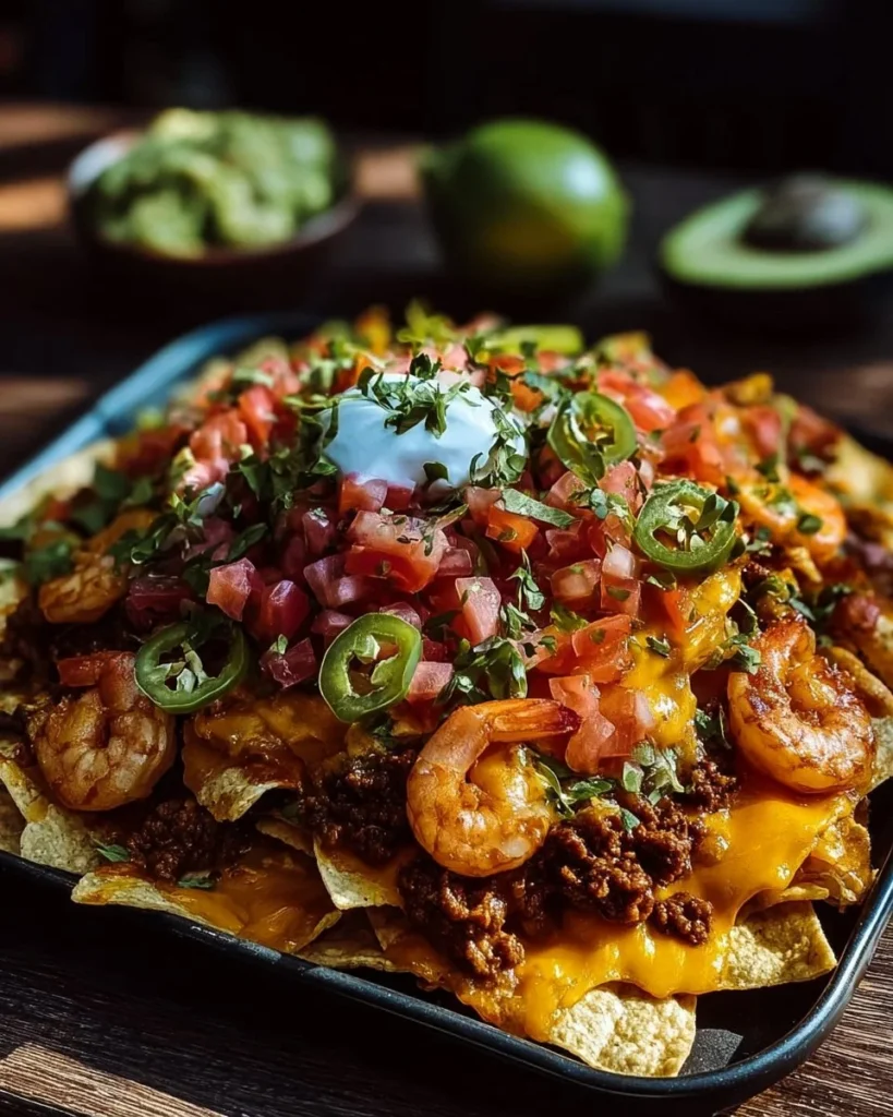 Shrimp and ground beef nachos with melted cheese and fresh toppings