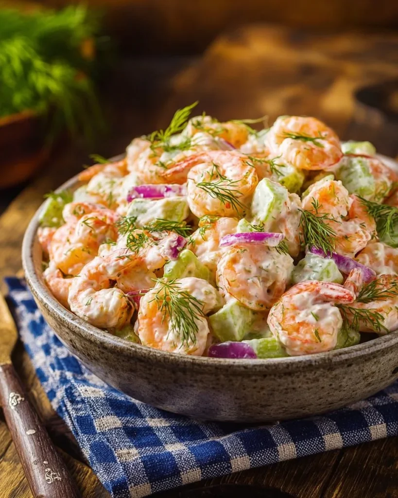 Delicious shrimp salad with fresh vegetables and dressing
