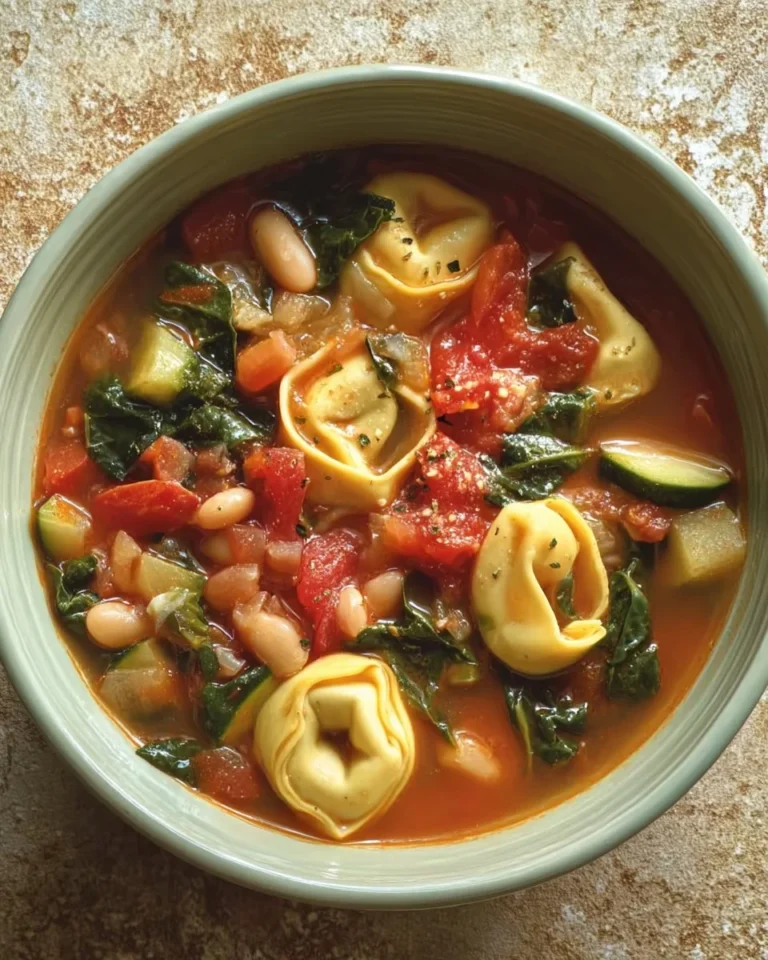 Bowl of simple tortellini soup garnished with herbs and served with bread