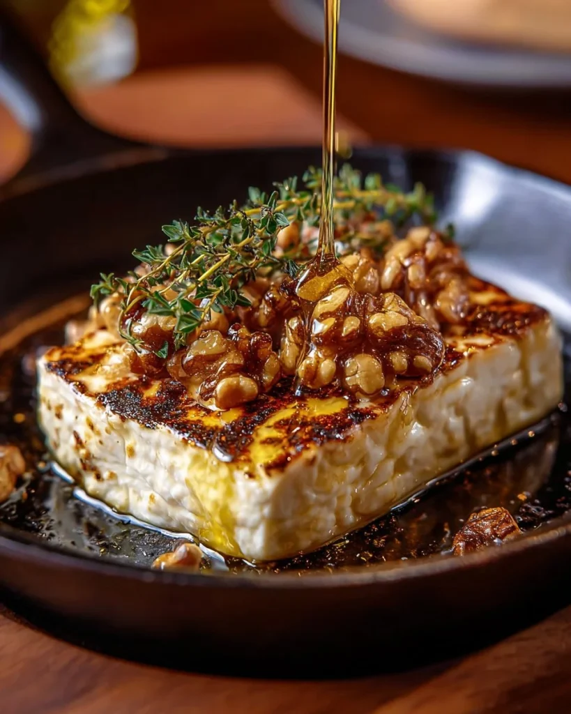 Sizzling feta block with hot honey and toasted walnuts served on a plate.