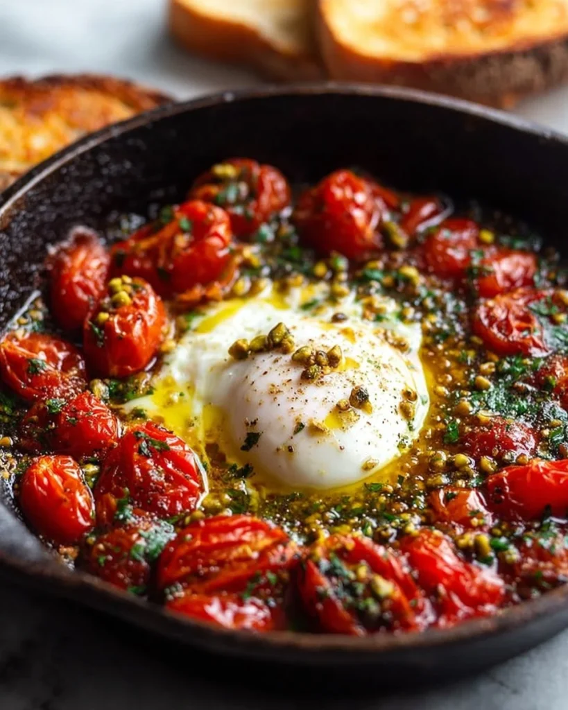 Skillet-baked burrata with blistered tomatoes and pistachio pesto oil