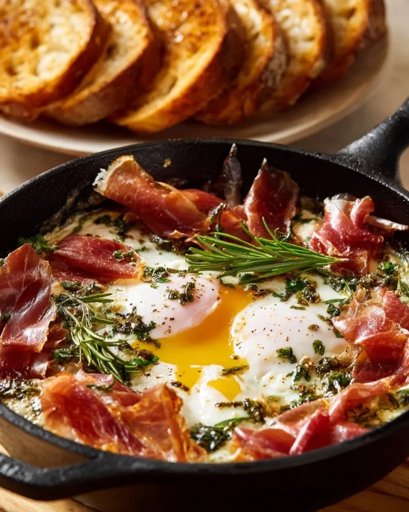 Skillet Burrata with buttery garlic and prosciutto crunch served in a skillet
