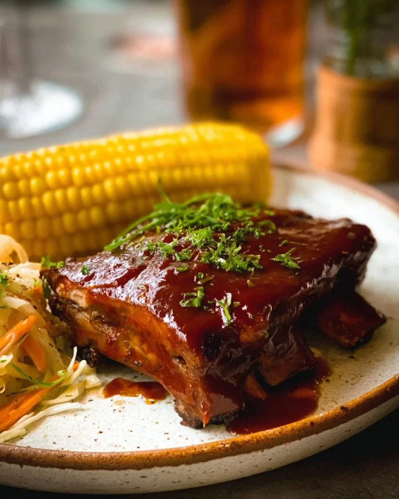 Delicious slow cooked beef ribs with barbecue sauce served on a platter