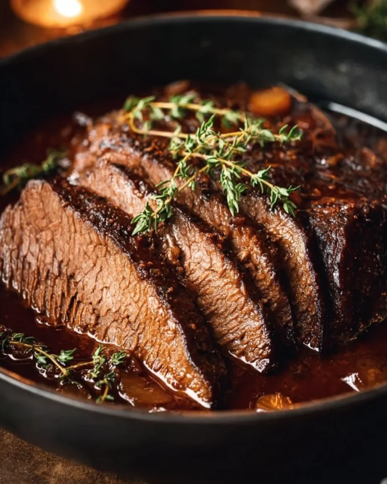 Delicious slow cooker beef brisket served on a platter with sides