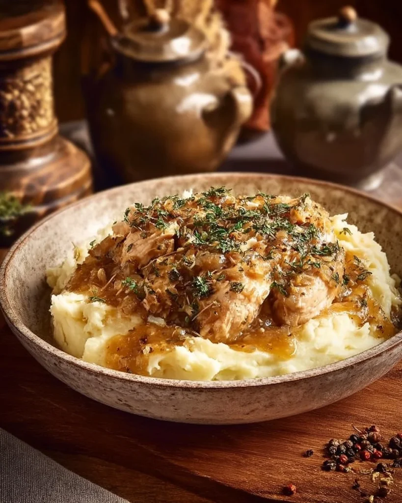 A hearty plate of slow cooker chicken and stuffing with herbs and spices.