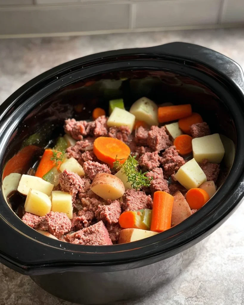 A delicious plate of Slow Cooker Corned Beef Hash served with fresh herbs.