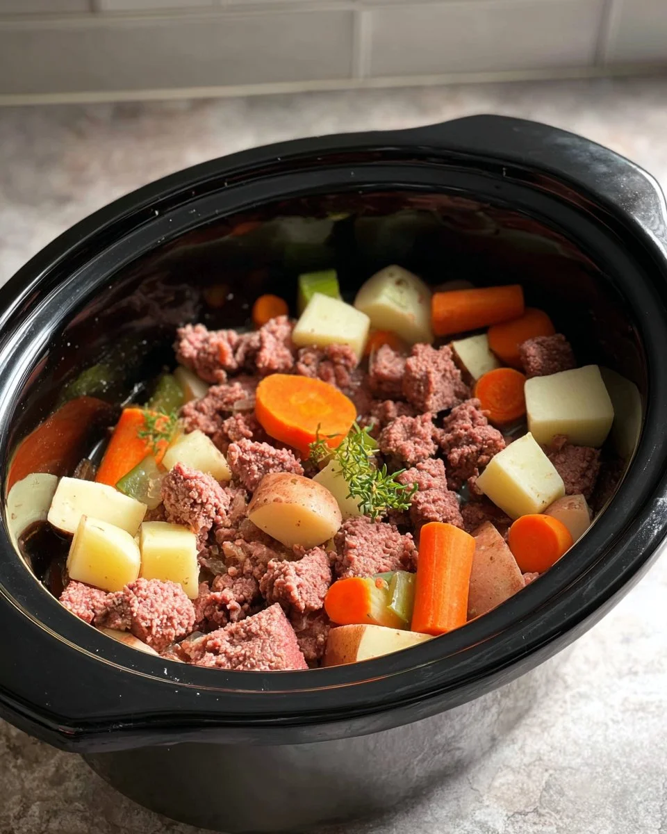A delicious plate of Slow Cooker Corned Beef Hash served with fresh herbs.