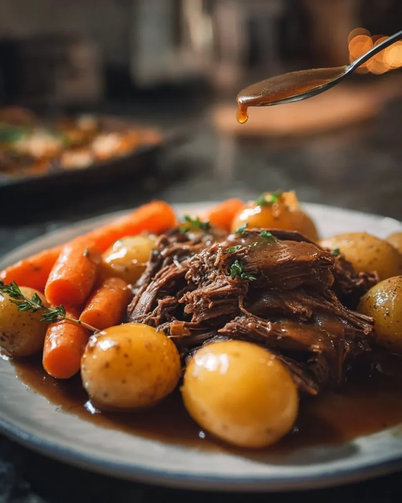 Delicious slow cooker pot roast served with gravy and mashed potatoes