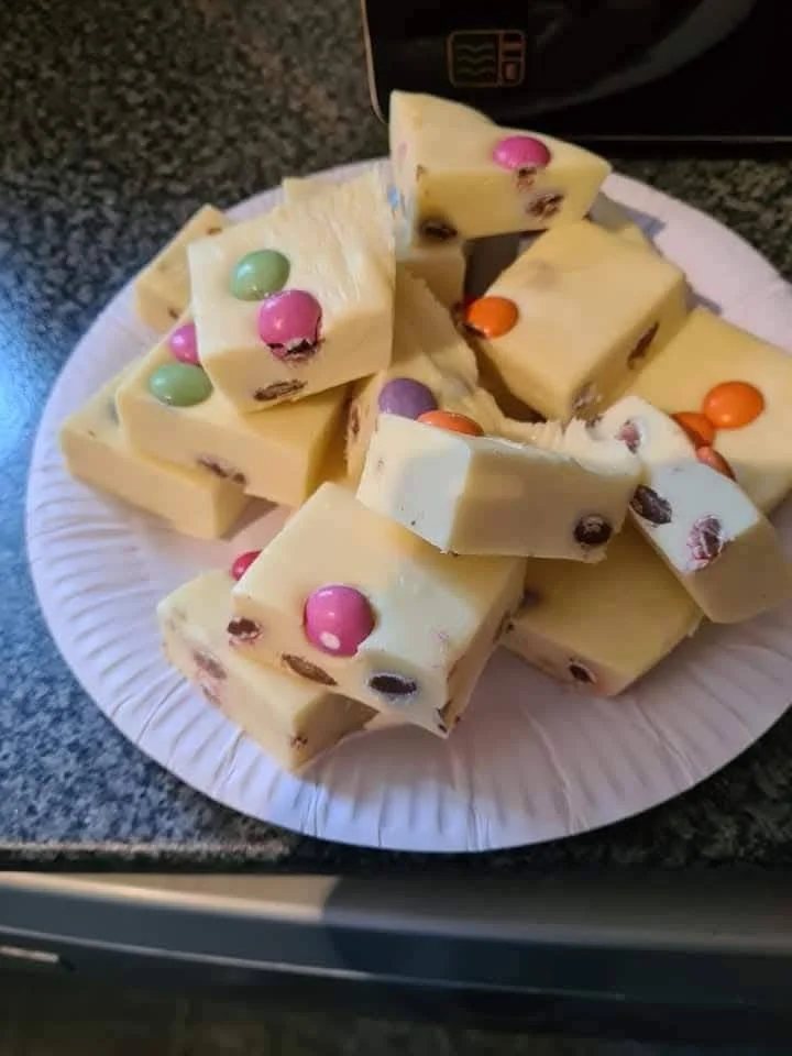 Delicious Smartie White Fudge with colorful candy toppings
