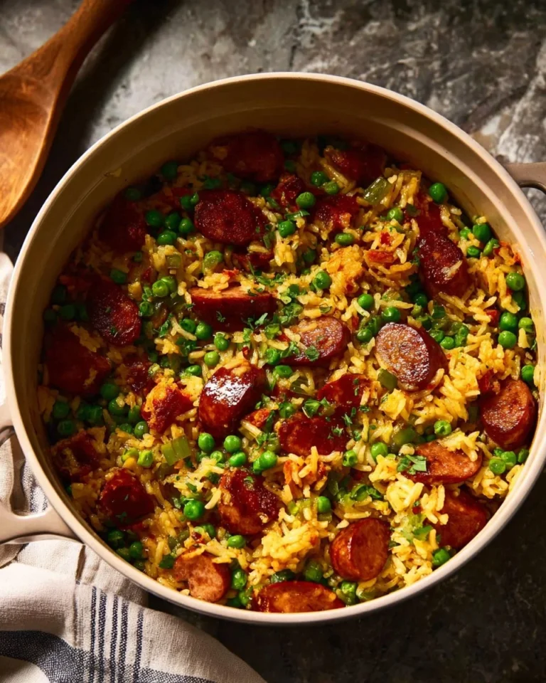 Delicious smoked sausage and rice dish garnished with herbs