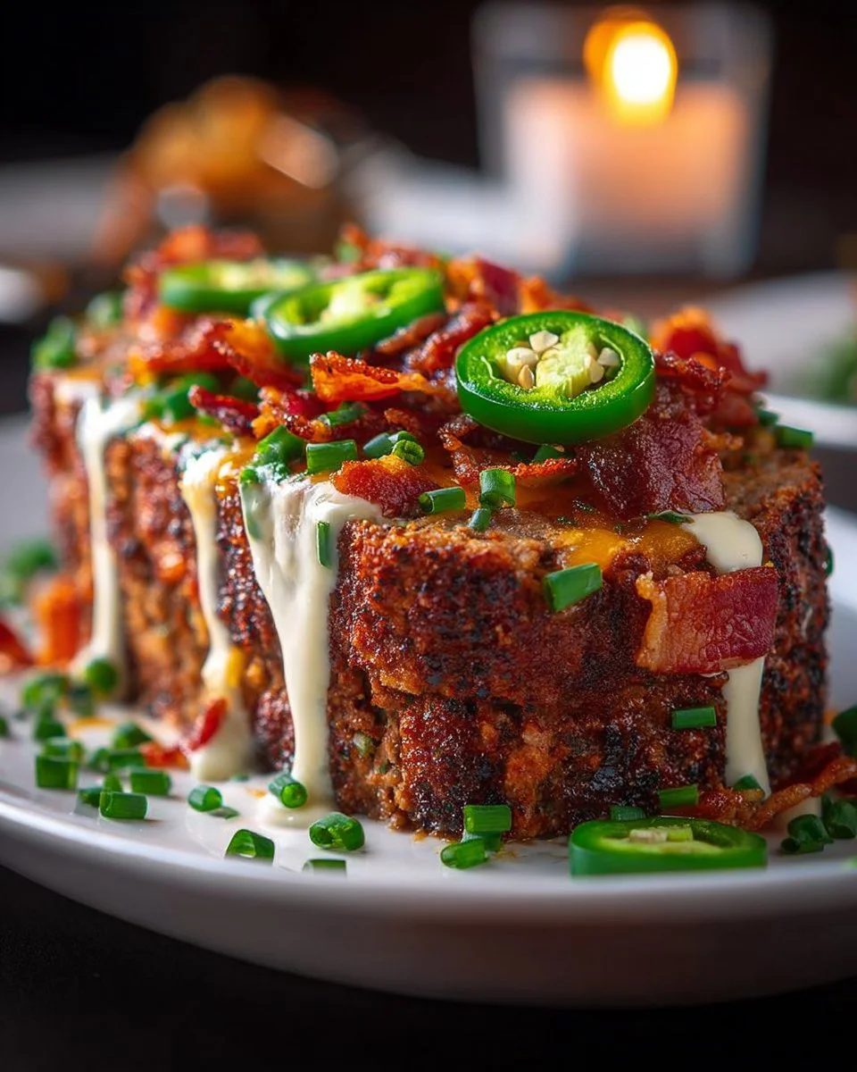 Delicious smoky jalapeño popper meatloaf served on a plate garnished with jalapeños