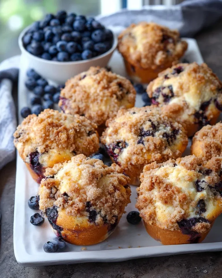 Freshly baked sour cream blueberry muffins with blueberries on a cooling rack