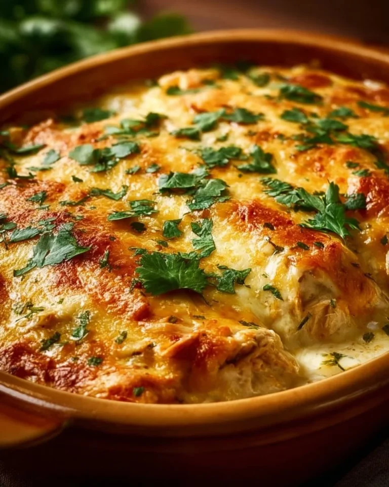 Sour Cream Chicken Enchilada Casserole with toppings in a baking dish