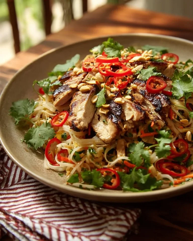 Spicy Grilled Chicken Rice Noodle Salad garnished with fresh vegetables