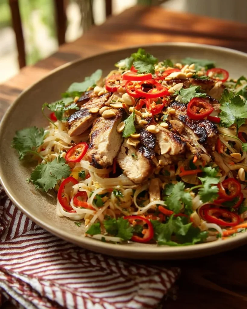 Spicy Grilled Chicken Rice Noodle Salad garnished with fresh vegetables