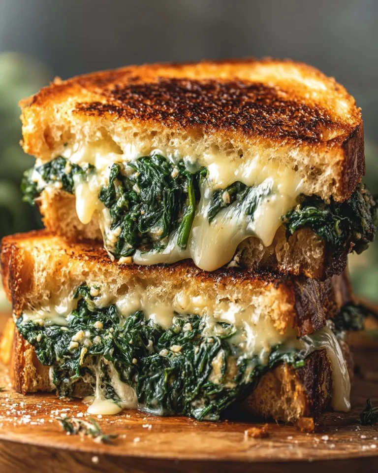 Spinach and Feta Grilled Cheese sandwich with melted cheese and fresh spinach