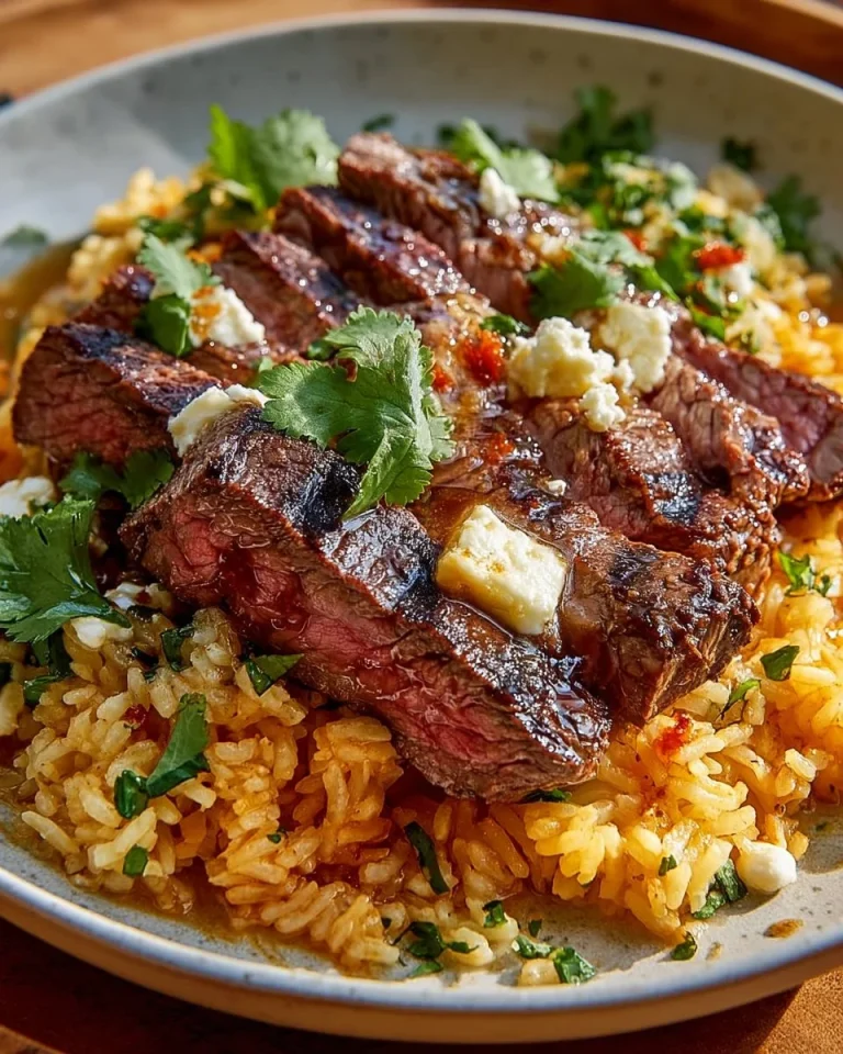 Delicious Steak & Cheese Rice served in a bowl garnished with fresh herbs