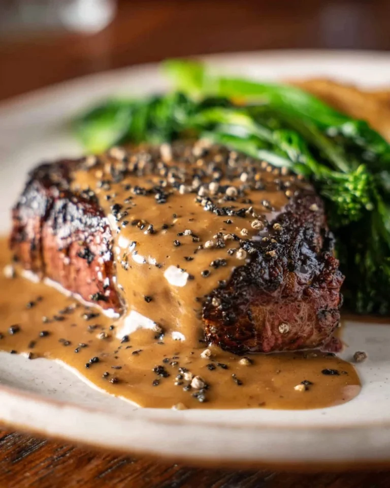 Juicy steak topped with a rich creamy peppercorn sauce, served on a plate.