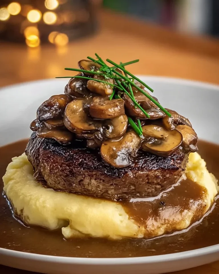 Juicy steak with rich mushroom sauce and creamy mashed potatoes on a plate