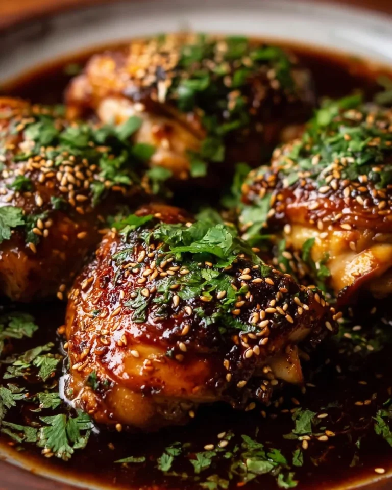 Plate of Sticky Honey Soy Chicken garnished with sesame seeds and green onions